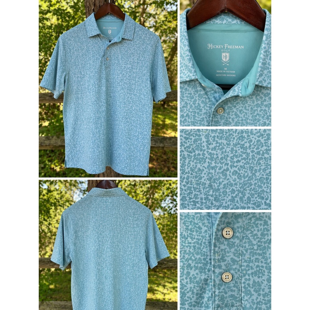 HICKEY FREEMAN Golf Polo Shirt Mens M Blue Floral Print Performance Moisture Wic